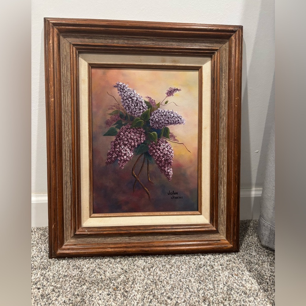 Vintage Cottage Core Oil Painting Lilacs, signed by artist Joann Jenkins 1989